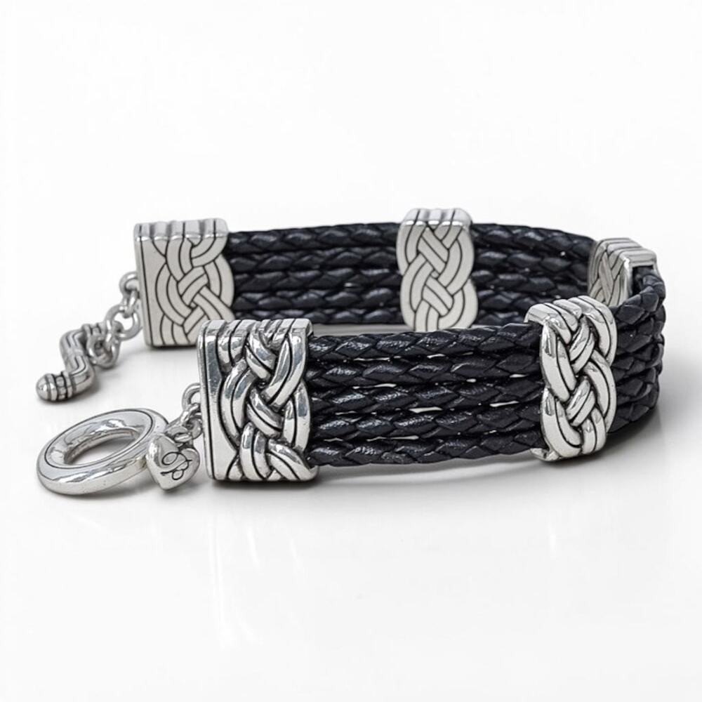 Brighton Interlok Multi Row Black Leather Bracelet Celtic Knot Silver Toggle